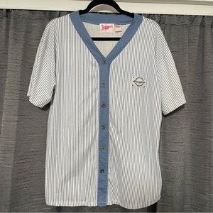 VTG 90s Penny Lane Blue Striped Button Jersey T shirt Size Large Baseball Unisex